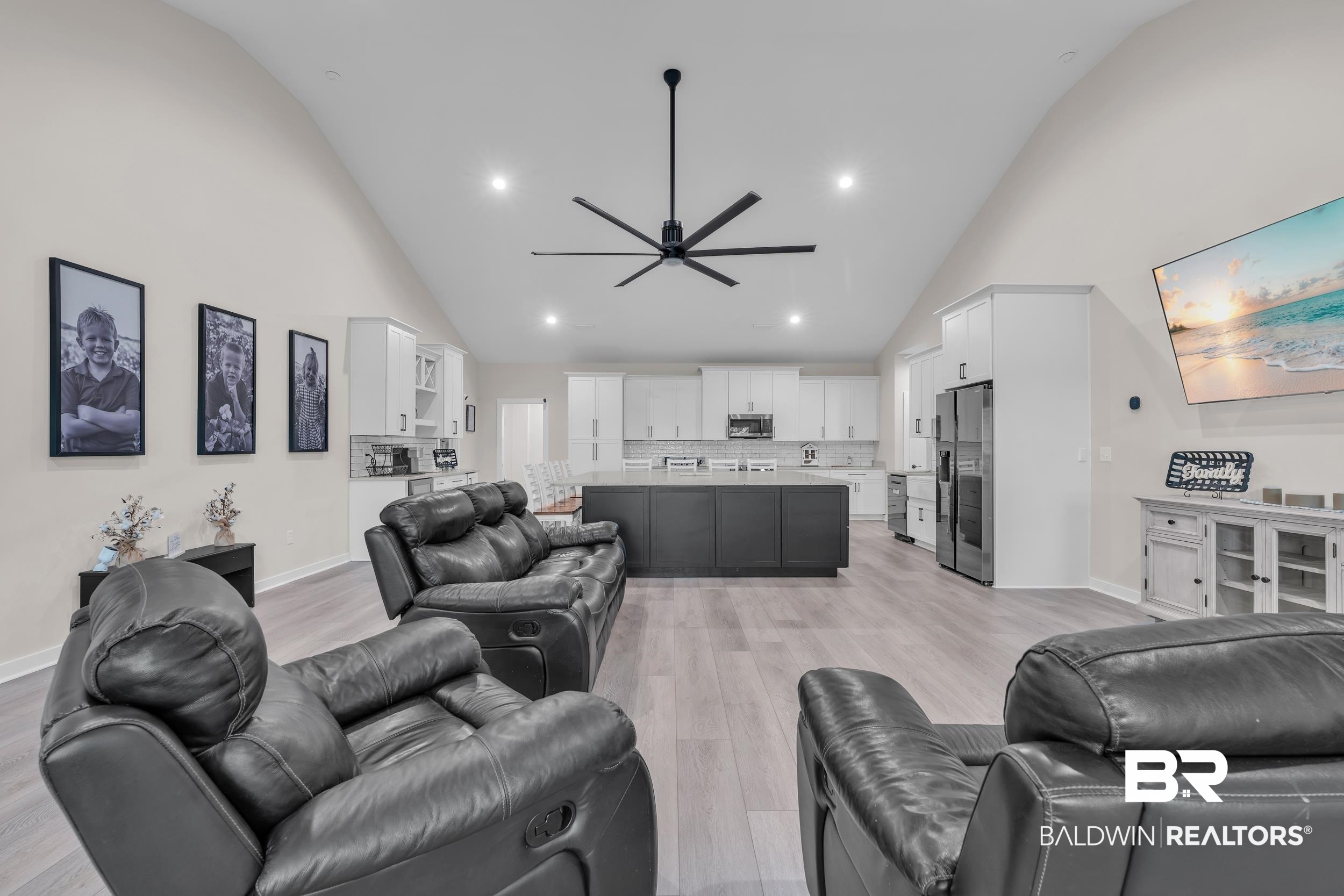 22592 Pastoral Lane Foley, AL 36535 - Photo 10 of 45 Living room with light wood-style flooring, high vaulted ceiling, ceiling fan, and recessed lighting