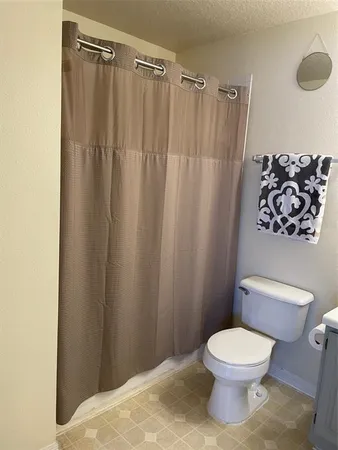 a white toilet sitting next to a shower curtain