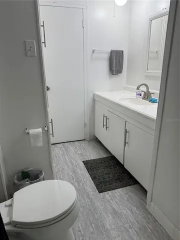 a bathroom with a sink a toilet and mirror
