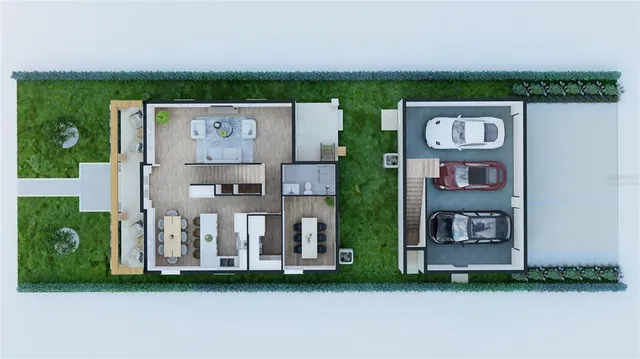 a view of a brick house with a yard and table and chairs