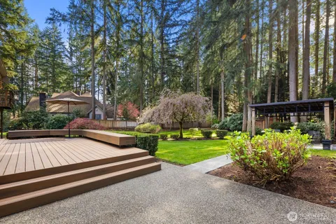 a garden view with a seating space