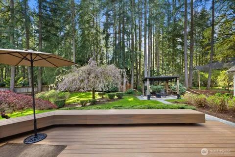 a view of backyard with plants and outdoor seating