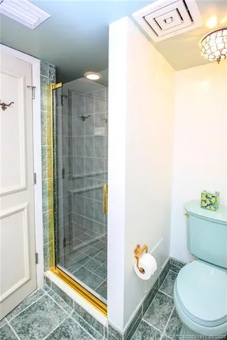 a bathroom with a toilet and a shower
