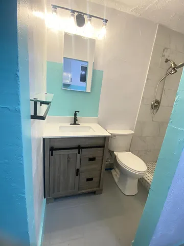 a bathroom with a sink a toilet and shower