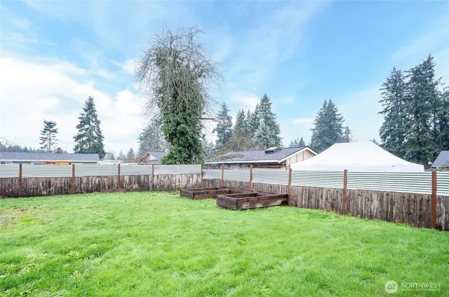 a view of a house with a backyard and a large tree