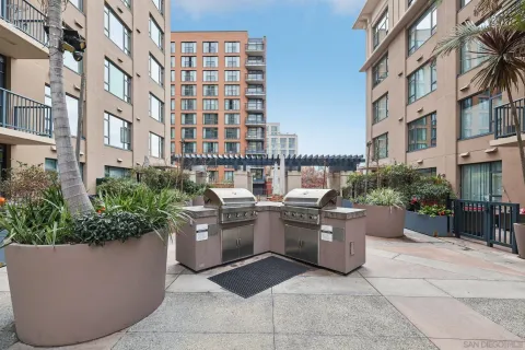 a view of building with outdoor seating