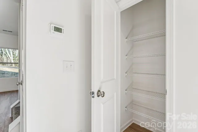 a view of walk in closet with empty racks