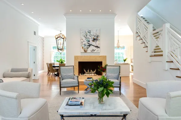a living room with furniture potted plant and a fireplace
