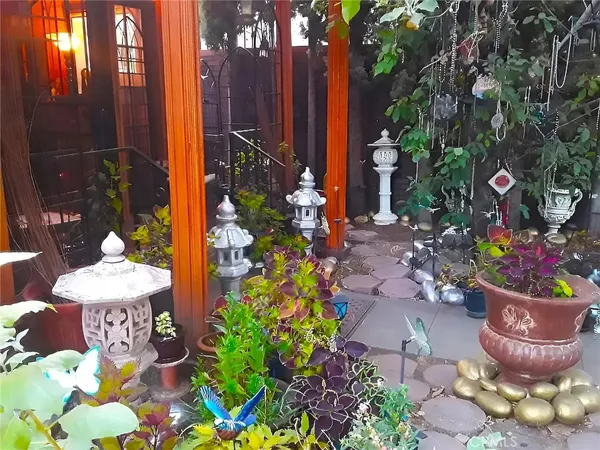 a view of a chairs and flower in a yard