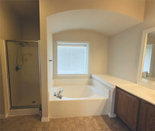 a bathroom with a tub sink and mirror
