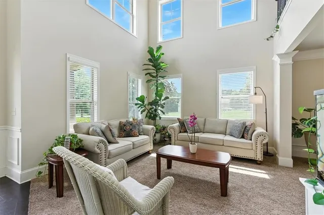a living room with furniture a potted plant and a large window