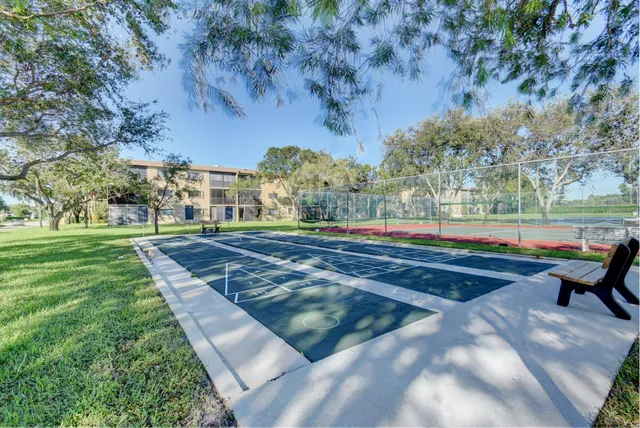 a view of a park with large trees