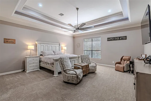 a bedroom with furniture and a ceiling fan