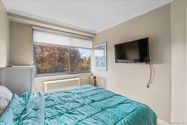 a bedroom with a bed and a television