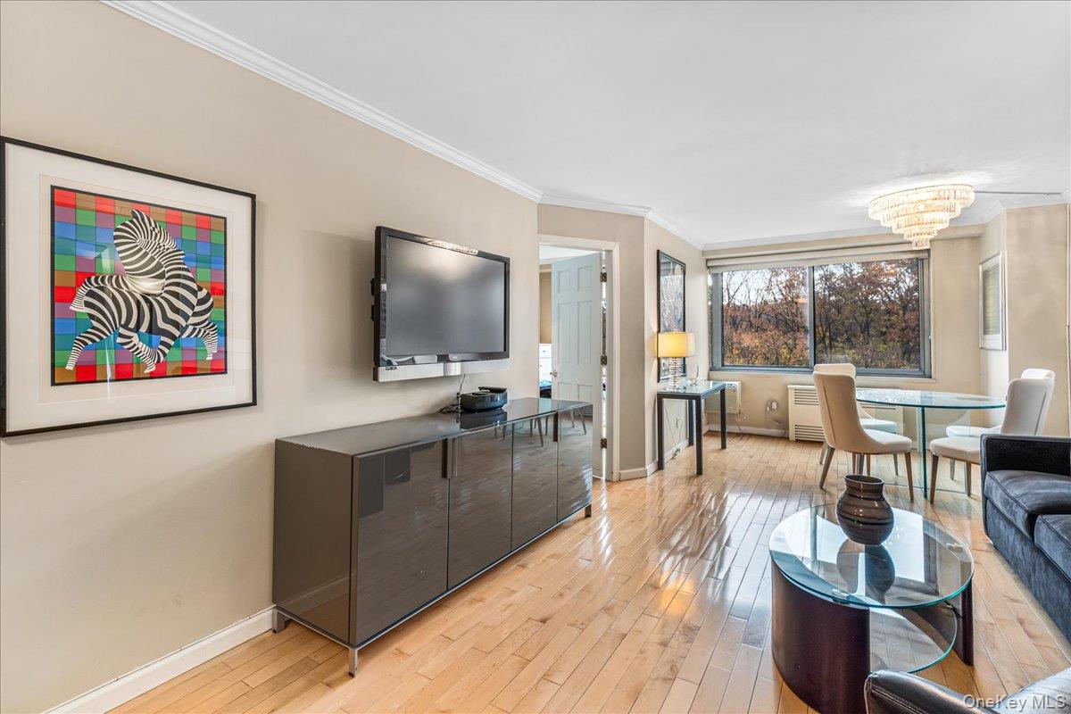 220-55 46th Avenue, Unit 5P Queens, NY 11361 - Photo 2 of 24 a living room with furniture and a flat screen tv