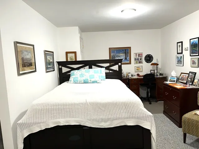 a bedroom with a bed and a closet
