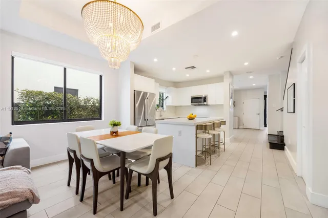 a view of a dining room with furniture window and outside view