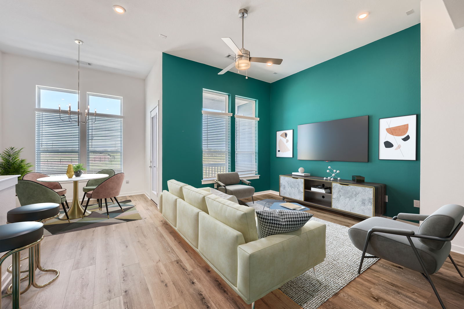 3213 Zach Scott Street Austin, TX 78723 - Photo 6 of 28 Living room featuring baseboards, recessed lighting, wood finished floors, and ceiling fan with notable chandelier