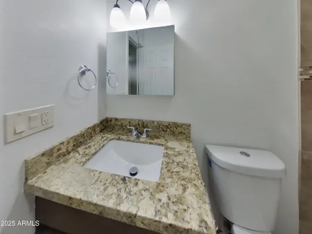 a bathroom with a sink toilet and mirror