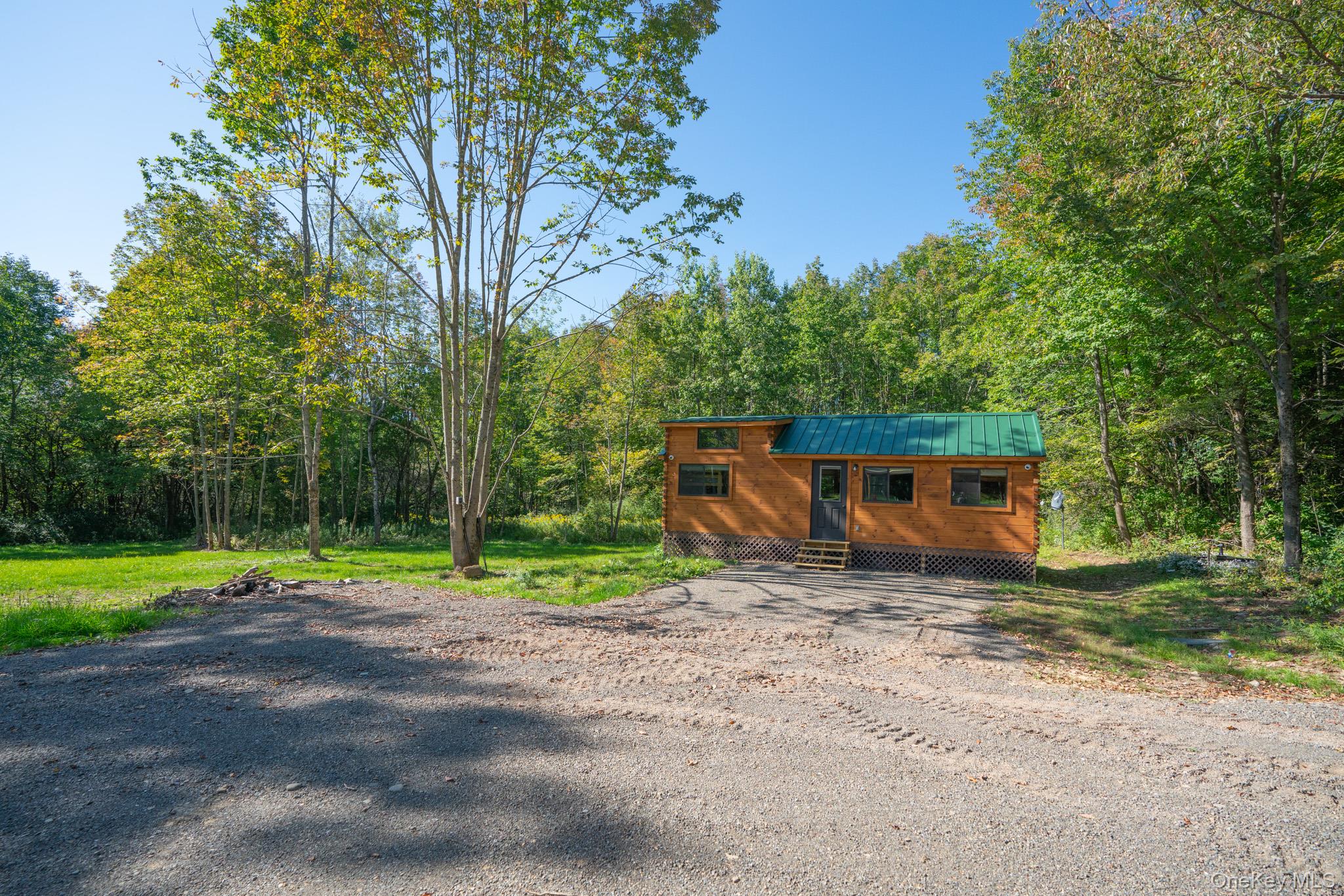 a backyard of a house with barbeque oven and a trees