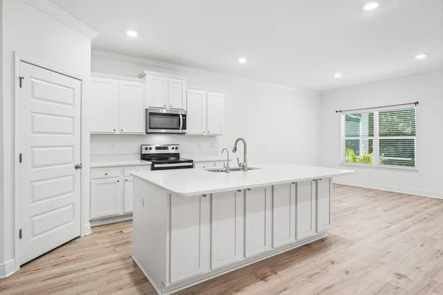 a kitchen with a sink cabinets and wooden floor