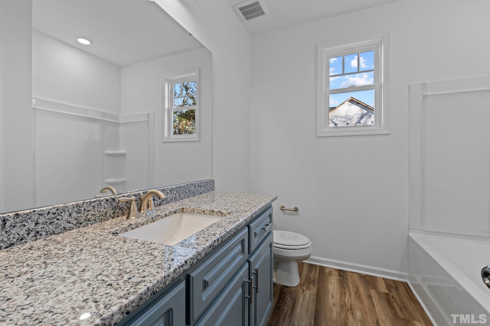 9771 Chapman Road Bailey, NC 27807 - Photo 24 of 35 a bathroom with a granite countertop sink a toilet and a mirror