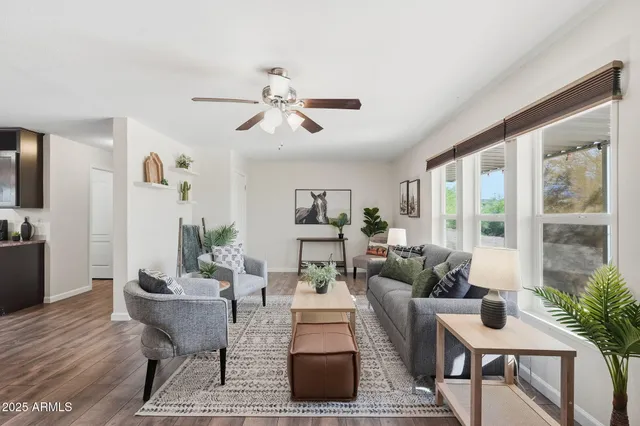 a living room with furniture and a potted plant