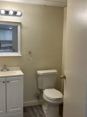 a bathroom with a toilet a sink and mirror