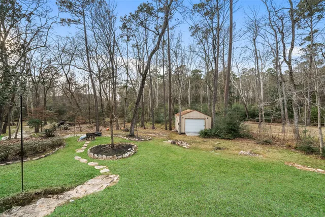 a view of a park with large trees