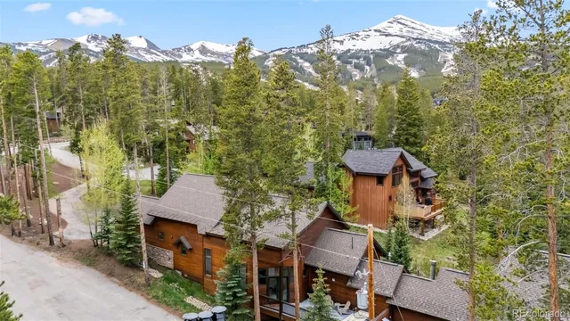 an aerial view of a house with garden space and sitting area