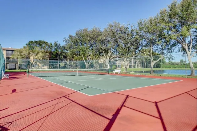 a view of a tennis ground with large trees