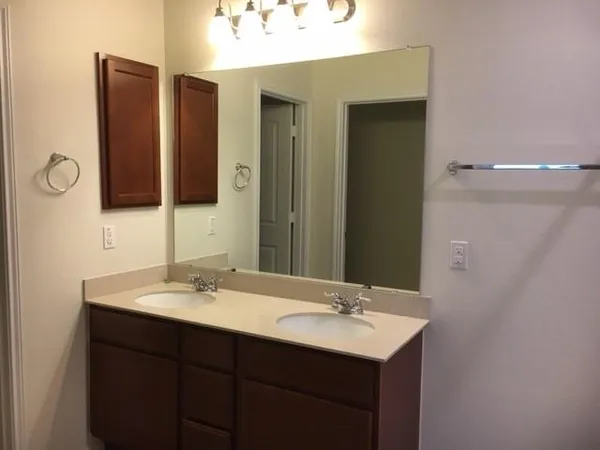 a bathroom with a double vanity sink and mirror