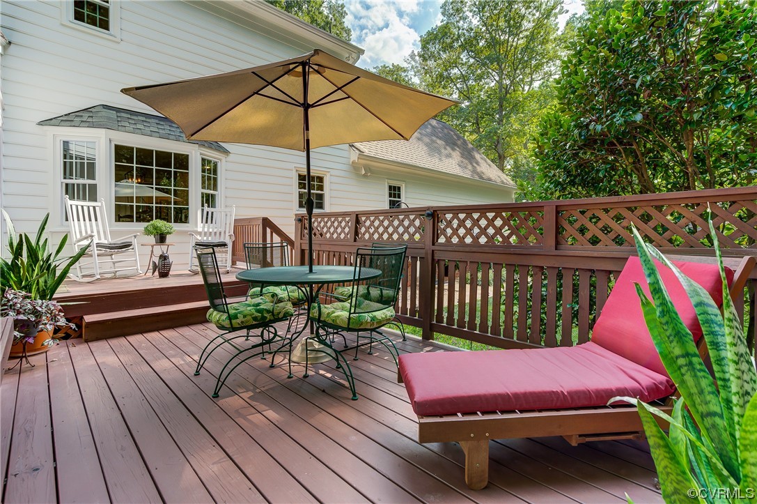 1920 Winterfield Road Midlothian, VA 23113 - Photo 26 of 26 a view of a roof deck with table and chairs under an umbrella with wooden floor