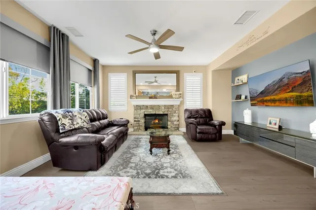 a living room with furniture window and a fireplace