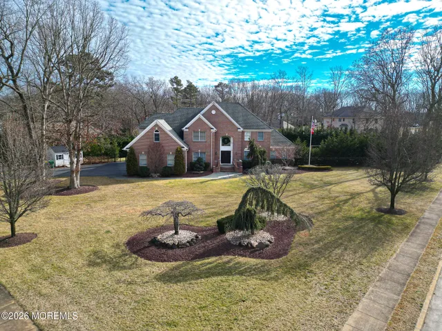 a aerial view of a house with a yard and potted plants