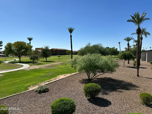 a view of a garden with a bench