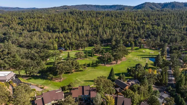 an aerial view of a house with a garden