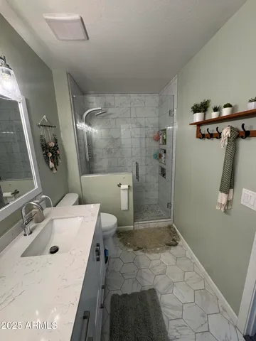 a bathroom with a sink a toilet and shower