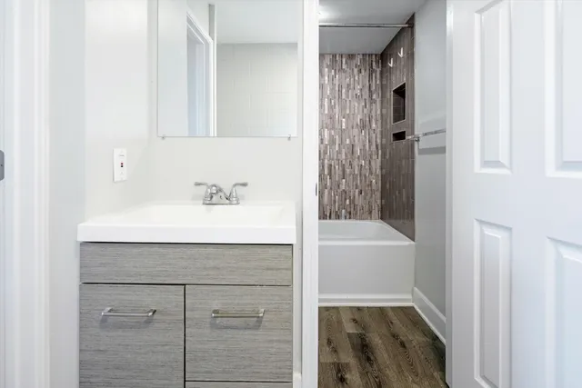 a bathroom with a shower sink and mirror