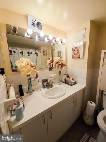 a bathroom with a sink mirror and toilet