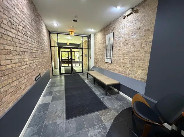 a hallway with a large window