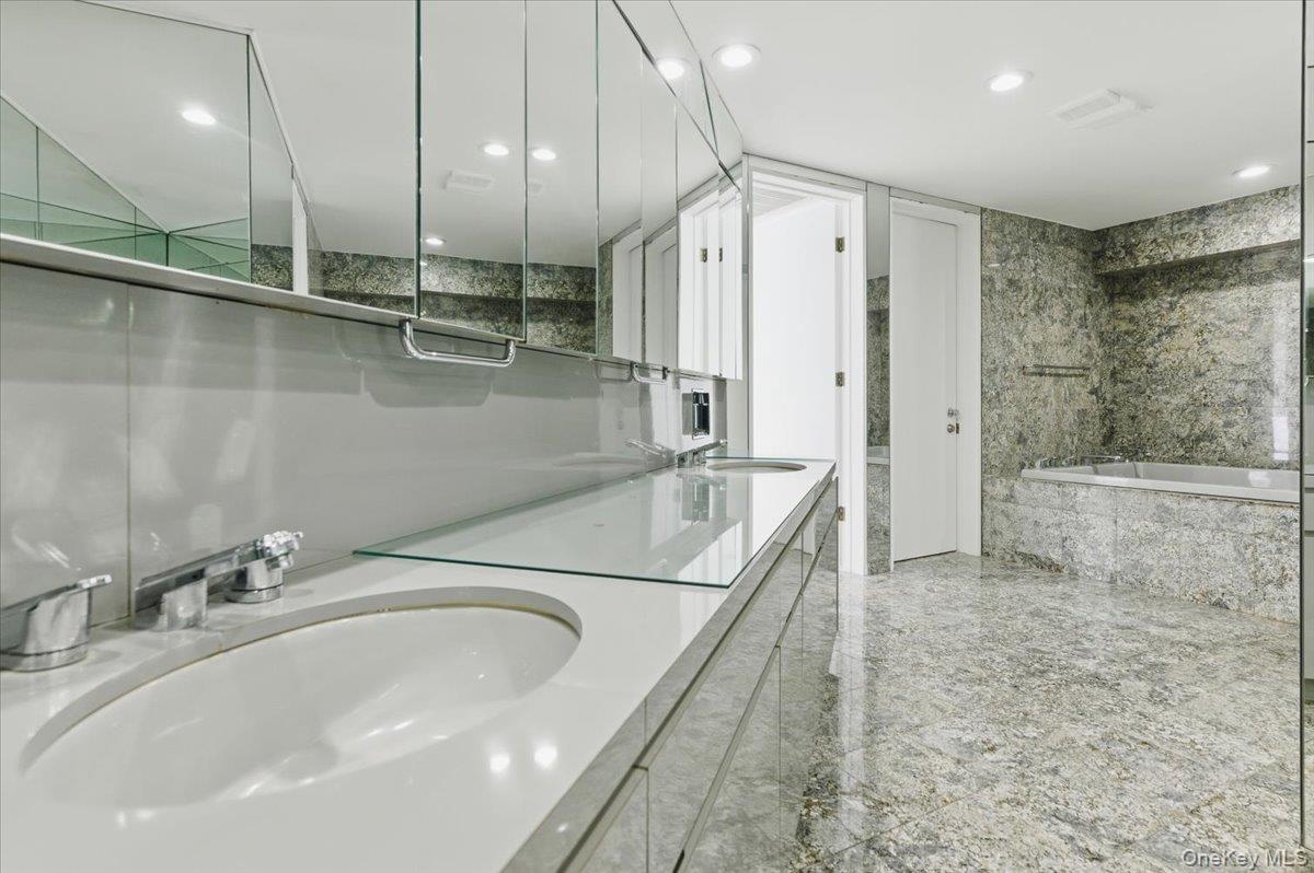 454 East Shore Road Great Neck, NY 11024 - Photo 26 of 42 a bathroom with a tub a sink a mirror and a shower