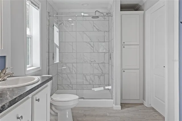 a bathroom with a granite countertop toilet sink and mirror