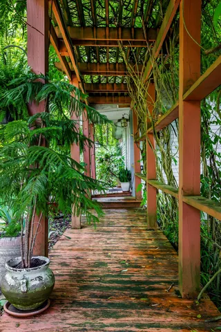 a view of a porch with a yard