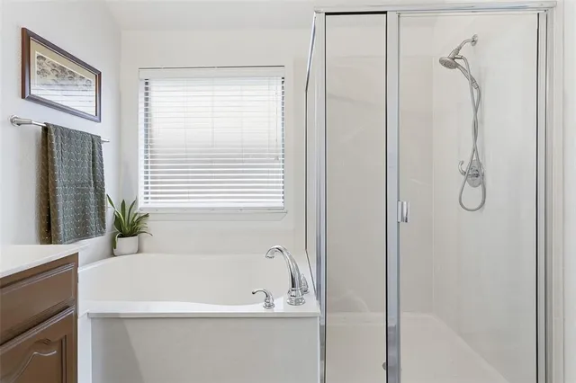 a bathroom with a bathtub and a shower