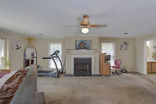 a view of a livingroom with furniture and a fireplace