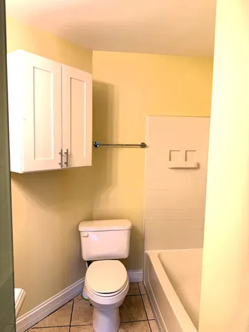 a white toilet sitting next to a shower