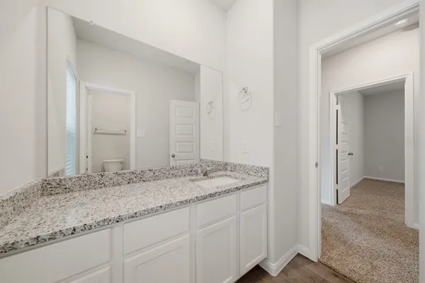 a bathroom with a granite countertop sink and white cabinets