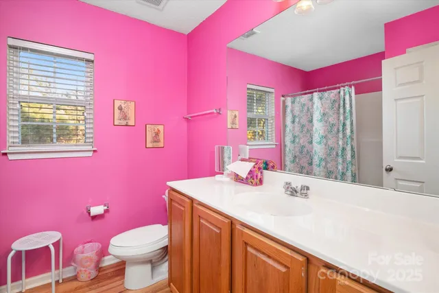 a bathroom with a sink a toilet a mirror and shower