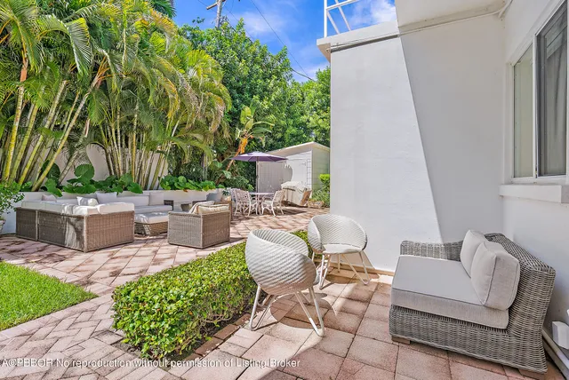 a view of a patio with chairs and a potted plant